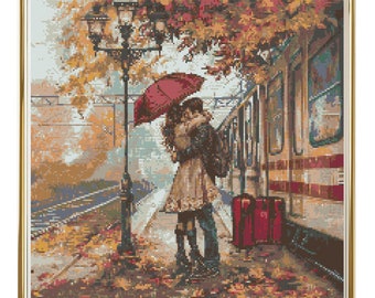 Man and Woman Cross Stitch Pattern Instant PDF Download - Man and Woman In Love Watercolor Cross Stitch Hand Embroidery Couple and Train
