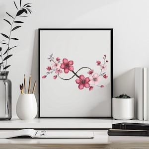Korsstygnsmönster med oändlighetssymbolen direkt i PDF-format - Blommig oändlighetssymbol akvarell korsstygn handbroderi körsbärsblomma