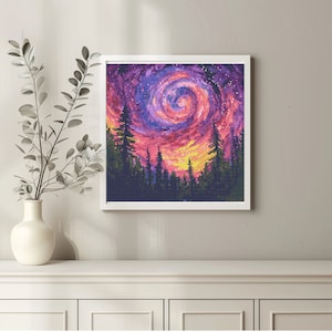 May include: A framed painting of a swirling, colorful sky over a dark forest silhouette. The sky is a mix of pink, purple, and yellow with white stars. The forest is a dark silhouette against the bright sky.