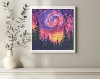 Northern Lights Cross Stitch Pattern Instant PDF Download - Colorful Northern Lights Watercolor Cross Stitch Hand Embroidery Colorful Nature