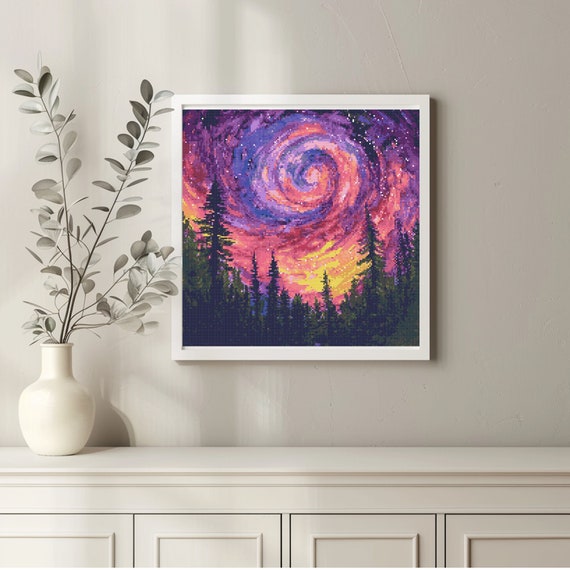Northern Lights Cross Stitch Pattern Instant PDF Download - Colorful Northern Lights Watercolor Cross Stitch Hand Embroidery Colorful Nature
