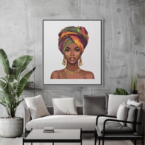 May include: A digital painting of a woman with dark skin wearing a colorful head wrap and gold jewelry. The background is a white wall.