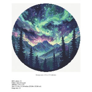 Puede incluir: Un patr&oacute;n de punto de cruz redondo que presenta una aurora boreal colorida sobre una cordillera con un bosque en primer plano. El tama&ntilde;o del dise&ntilde;o es de 170 x 170 puntos y requiere 25 colores DMC. El patr&oacute;n est&aacute; dise&ntilde;ado para tela Aida de 14 hilos y mide 12,14 x 12,14 pulgadas (30,84 x 30,84 cm).