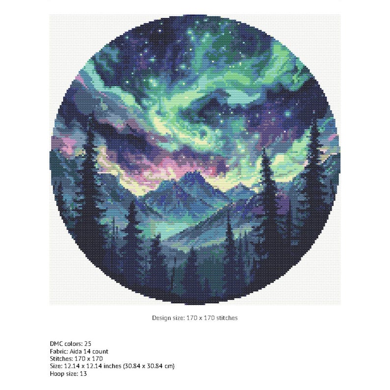 Puede incluir: Un patr&oacute;n de punto de cruz redondo que presenta una aurora boreal colorida sobre una cordillera con un bosque en primer plano. El tama&ntilde;o del dise&ntilde;o es de 170 x 170 puntos y requiere 25 colores DMC. El patr&oacute;n est&aacute; dise&ntilde;ado para tela Aida de 14 hilos y mide 12,14 x 12,14 pulgadas (30,84 x 30,84 cm).