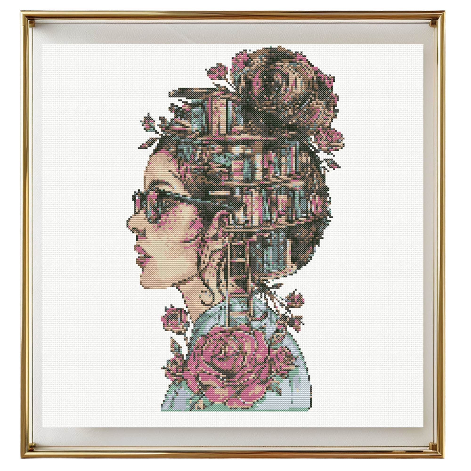 Woman Cross Stitch Pattern Instant PDF Download - Woman and Books Watercolor Cross Stitch Hand Embroidery People Cross Stitch Pattern