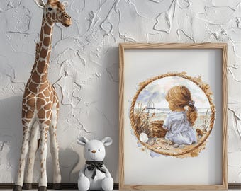 Girl Cross Stitch Pattern Instant PDF Download - Girl on the Beach Watercolor Cross Stitch Hand Embroidery