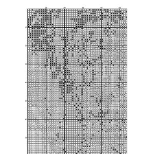 May include: Black and white cross stitch pattern with a floral design. The pattern is on a white background with black squares.