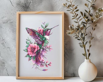 Hummingbird Cross Stitch Pattern Instant PDF Download - Hummingbird with Flowers  Watercolor Cross Stitch Hand Embroidery Colorful Bird