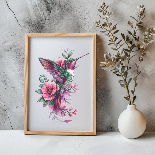 Hummingbird Cross Stitch Pattern Instant PDF Download - Hummingbird with Flowers  Watercolor Cross Stitch Hand Embroidery Colorful Bird