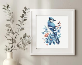 May include: A framed watercolor print featuring a blue jay perched amidst blue and peach-colored flowers. The bird has blue and white feathers. The artwork is displayed in a white frame, suitable for home decor.