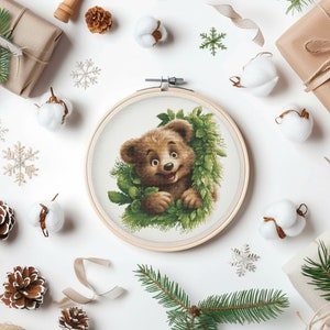 Bear Cross Stitch Pattern Instant PDF Download - Woodland Bear Watercolor Cross Stitch Hand Embroidery Forest Animals Christmas Pattern