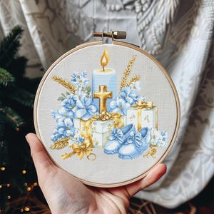 Baby Cross Stitch Pattern Instant PDF Download - Boy&#39;s Christening Day Watercolor Cross Stitch Hand Embroidery Baby Boy Nursery Religious