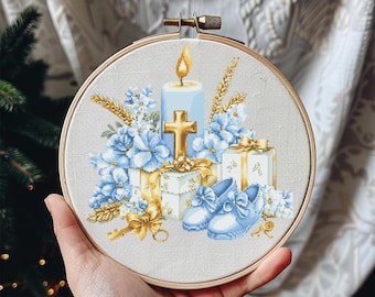 Modèle de point de croix pour bébé Téléchargement instantané en PDF - Baptême du garçon aquarelle point de croix broderie à la main chambre de bébé garçon religieux