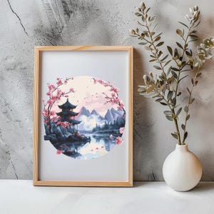 Mountain Cross Stitch Pattern Instant PDF Download- Japanese Landscape Watercolor Cross Stitch Hand Embroidery Cherry Blossom Tree Landscape