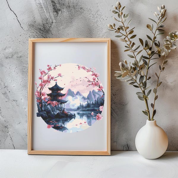 Korsstygnsmönster för berg direkt i PDF-format - Japanskt landskap akvarell korsstygn handbroderi Körsbärsblommande trädlandskap