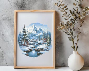 Mountain Cross Stitch Pattern Instant PDF Download- Snowy Mountain Watercolor Cross Stitch Hand Embroidery Winter Forest Nature Cross Stitch
