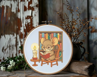 Mouse Cross Stitch Pattern Instant PDF Download - Reading Mouse Watercolor Cross Stitch Hand Embroidery Mouse Library Pattern