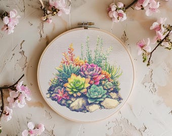 Succulents Cross Stitch Pattern Instant PDF Download - Colorful Succulents Watercolor Cross Stitch Hand Embroidery Plants Nature Pattern