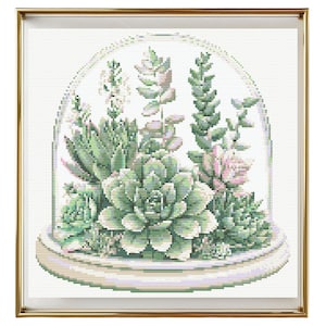 May include: A glass dome terrarium with a variety of green succulents and plants inside. The dome is clear glass and the base is white.