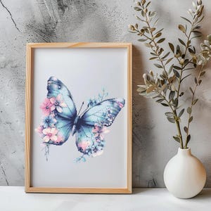 蝶のクロスステッチ パターン インスタント PDF ダウンロード - 青い花柄の蝶の水彩クロスステッチ 手刺繍の花の昆虫のパターン