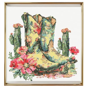 Cowboy Boots Cross Stitch Pattern Instant PDF Download - Cowboy Boots with Cacti Watercolor Cross Stitch Hand Embroidery Floral Shoes