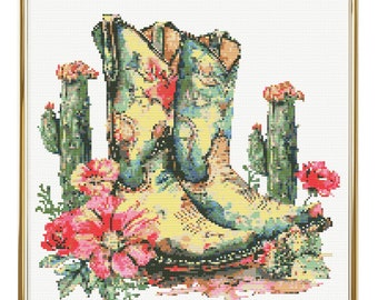 Cowboy Boots Cross Stitch Pattern Instant PDF Download - Cowboy Boots with Cacti Watercolor Cross Stitch Hand Embroidery Floral Shoes