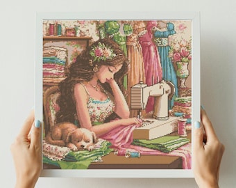 Girl Cross Stitch Pattern Instant PDF Download - Girl Sewing Watercolor Cross Stitch Hand Embroidery Woman Sewing Machine Pattern