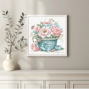 Mand kruissteekpatroon Instant pdf-download - Bloemenmand aquarel kruissteek handborduurwerk bloemmotief