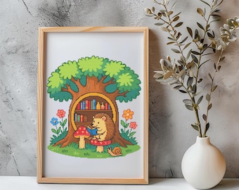 Library Cross Stitch Pattern Instant PDF Download - Forest Library Watercolor Cross Stitch Hand Embroidery Hedgehog Pattern Books Lover