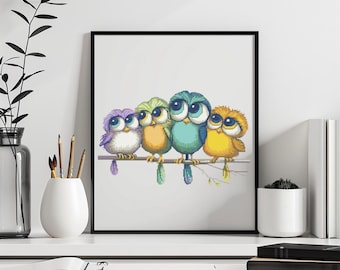 Vögel Kreuzstich Muster Sofort PDF Download - Lustige Vögel Aquarell Kreuzstich Handstickerei Niedliche lustige bunte Vögel Muster