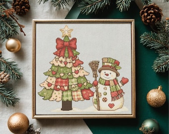 Padrão de Ponto Cruz de Boneco de Neve para Download Instantâneo em PDF - Boneco de Neve em Patchwork com Aquarela, Bordado à Mão, Padrão de Natal em Patchwork