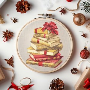 Books Present Cross Stitch Pattern Instant PDF Download - Books Present Watercolor Cross Stitch Hand Embroidery Christmas Winter Gift