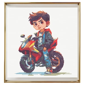 May include: A cartoon illustration of a young person riding a red and black motorbike. The person is wearing a blue jacket, blue jeans, and red shoes. The motorbike has a black seat and a black and white tyre.
