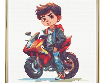 Boy Cross Stitch Pattern Instant PDF Download - Boy with Motocycle Watercolor Cross Stitch Hand Embroidery Cool Boy with Motor