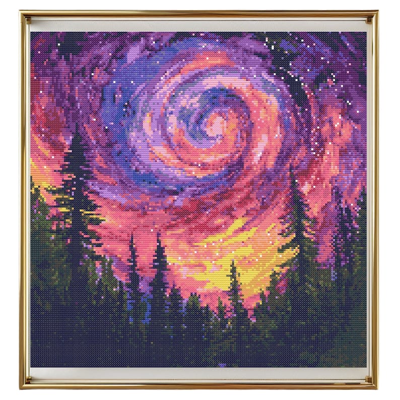 May include: A digital painting of a swirling, colorful galaxy over a dark forest silhouette. The galaxy is a mix of pink, purple, blue, and yellow hues with white stars scattered throughout. The forest is a dark green and black silhouette against the bright sky.