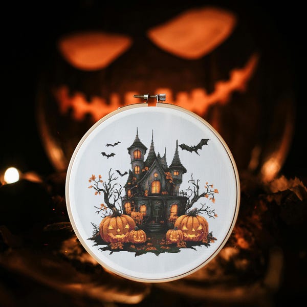 Haus Kreuzstich Muster Sofort PDF Download - Haunted House Aquarell Kreuzstich Hand Stickerei Halloween Gruseliges Muster
