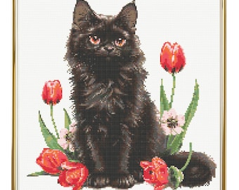 Schwarze Katze Kreuzstich Muster Sofort PDF Download - Schwarze Katze und Tulpen Aquarell Kreuzstich Hand Stickerei Rote Blumen