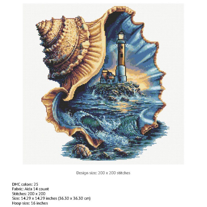 May include: Cross-stitch design featuring a lighthouse scene within a seashell. The lighthouse stands on a rocky island, with waves crashing below. The design is 14.29 x 14.29 inches (36.30 x 36.30 cm) and uses 25 DMC colors.