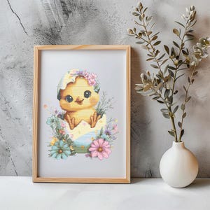 Chick Cross Stitch Pattern Instant PDF Download - Chick in Egg Watercolor Cross Stitch Hand Embroidery Easter Easter Egg Floral