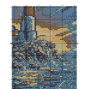 May include: A cross-stitch pattern with a grid of squares in shades of blue, brown, and yellow. The design appears to be a landscape or abstract image, with various symbols and patterns filling the squares. The overall effect is detailed and textured.