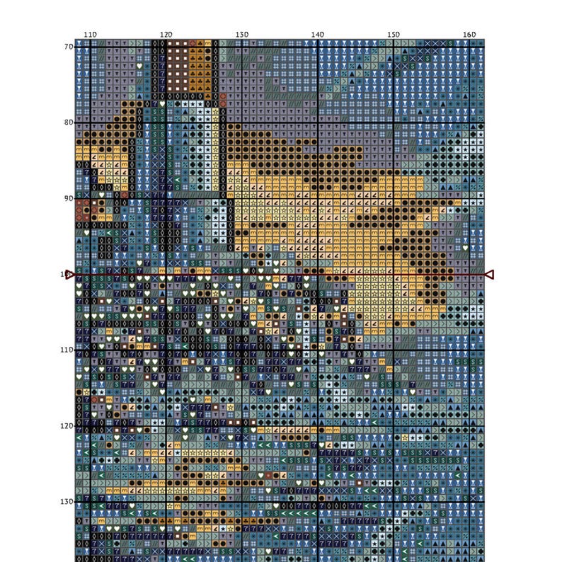 May include: A cross-stitch pattern with a grid of squares in shades of blue, brown, and yellow. The design appears to be a landscape or abstract image, with various symbols and patterns filling the squares. The overall effect is detailed and textured.