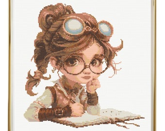 Steampunk Girl Cross Stitch Pattern Instant PDF Download - Steampunk Girl Watercolor Cross Stitch Hand Embroidery Bookworm Girl
