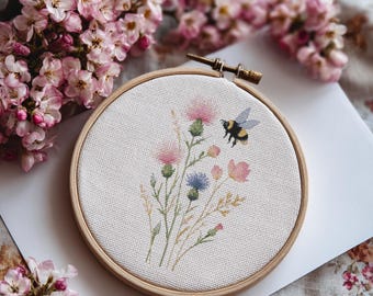 Bee Cross Stitch Pattern Instant PDF Download - Bee and Wildflowers 2 Watercolor Cross Stitch Hand Embroidery Bee Flowers and Insect Pattern