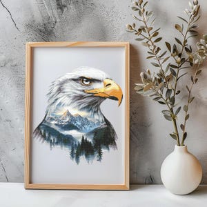 May include: A framed print of a bald eagle with a mountain landscape inside its head. The eagle is facing right and has a white head and neck with a yellow beak. The mountain landscape is blue and green with white snow peaks.