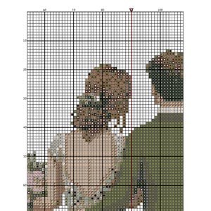 May include: Cross-stitch pattern of a couple embracing, with the woman in a floral dress and the man in a green shirt. The pattern is in shades of brown, green, and white.