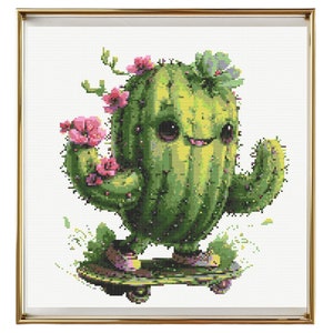 May include: A green cactus with pink flowers on its head is riding a skateboard. The cactus has a happy expression on its face and is wearing pink shoes.