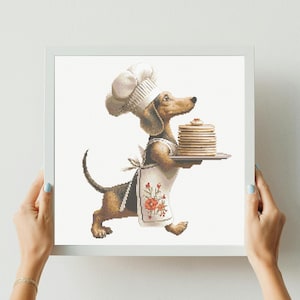 Kreuzstichmuster Hund – Sofortiger PDF-Download – Aquarell-Kreuzstichmuster Hund als Koch – Lustiges Tier beim Pfannkuchenbacken