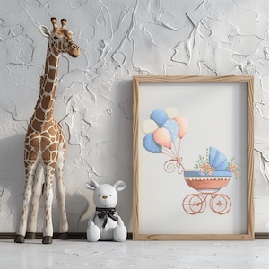 Baby kruissteekpatroon Instant pdf-download - babyjongen winkelwagen aquarel kruissteek handborduurwerk kinderkamer babypatroon kinderkamer
