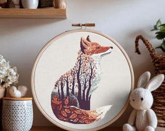 Fox Cross Stitch Pattern Instant PDF Download - Tree Fox Watercolor Cross Stitch Hand Embroidery Autumn Fall Woodland Animal Pattern