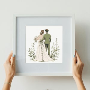 May include: A framed illustration of a bride and groom in a minimalist style. The couple is standing back to back, with the bride in a white gown and the groom in a green suit. They are surrounded by green foliage.